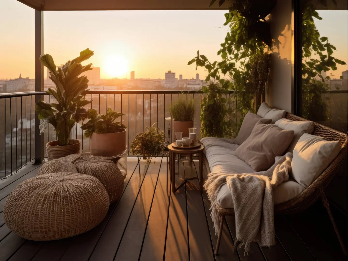 Gemütlicher Balkon mit einer Couch, Pflanzen und einem Tisch, bei Sonnenuntergang mit Stadtblick.