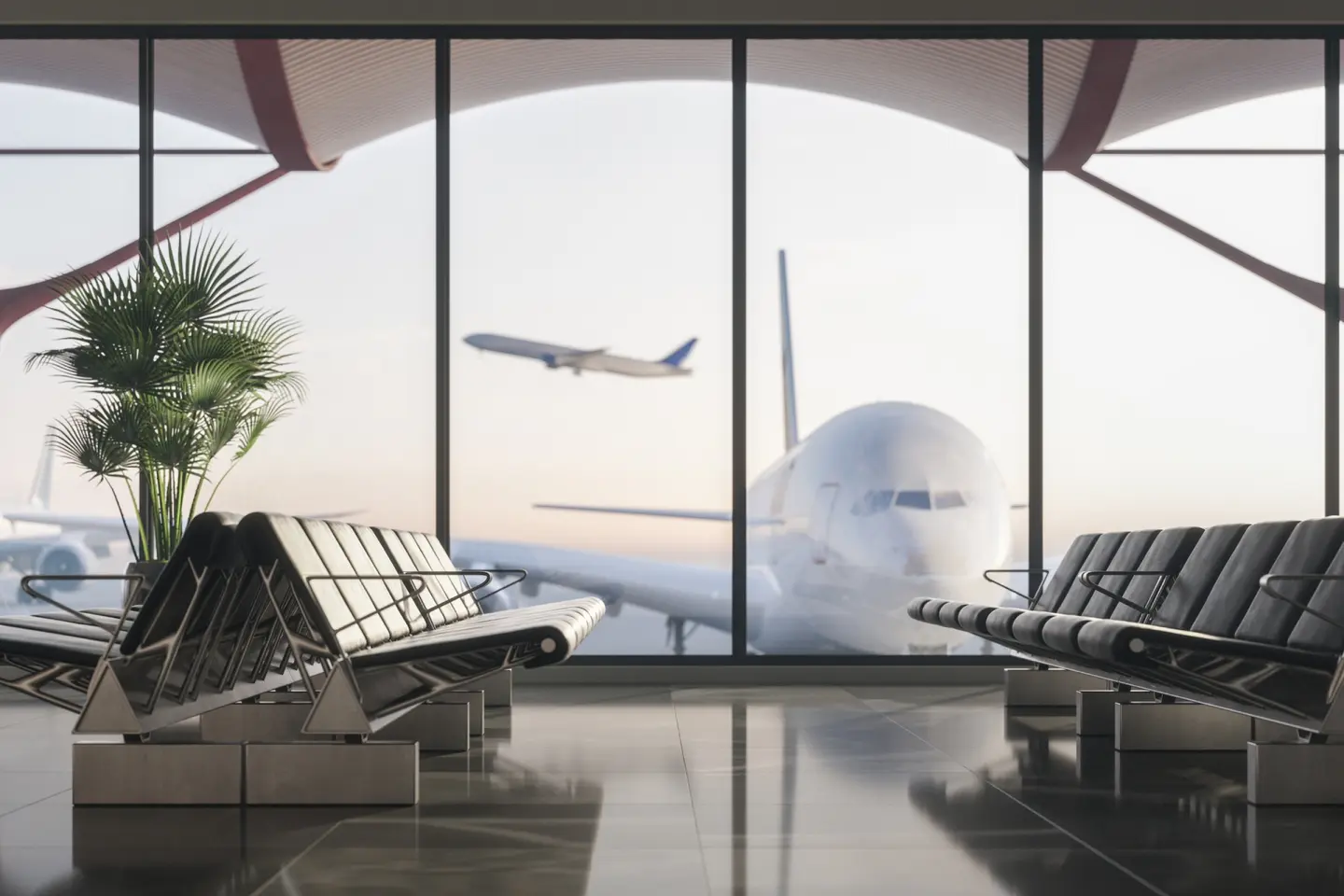 Moderne Flughafenhalle mit Wartebänken und Blick auf ein Flugzeug, das draußen landet, sowie einen weiteren Flugzeug am Himmel.
