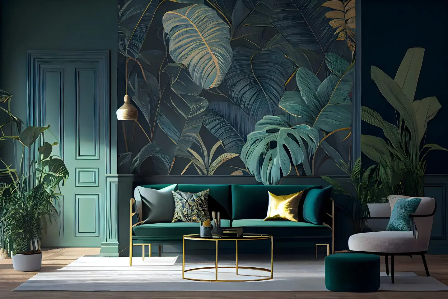 Een woonkamer met groen en marineblauw tropisch bladbehang, groen fluwelen bank, witte stoel, gouden accenten en diverse potplanten. Een wit vloerkleed en een ronde salontafel staan in het midden.