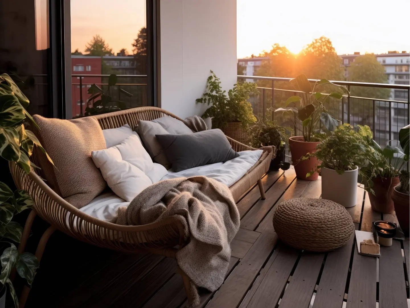 Gemütliche Balkon-Lounge mit einem geflochtenen Sofa, Kissen, einer Decke und zahlreichen Pflanzen bei Sonnenuntergang.
