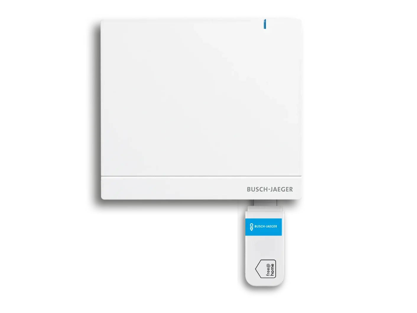 Weißes, rechteckiges Smart-Home-Gerät mit blauem USB-Anschluss und Branding "BUSHMÄGER".