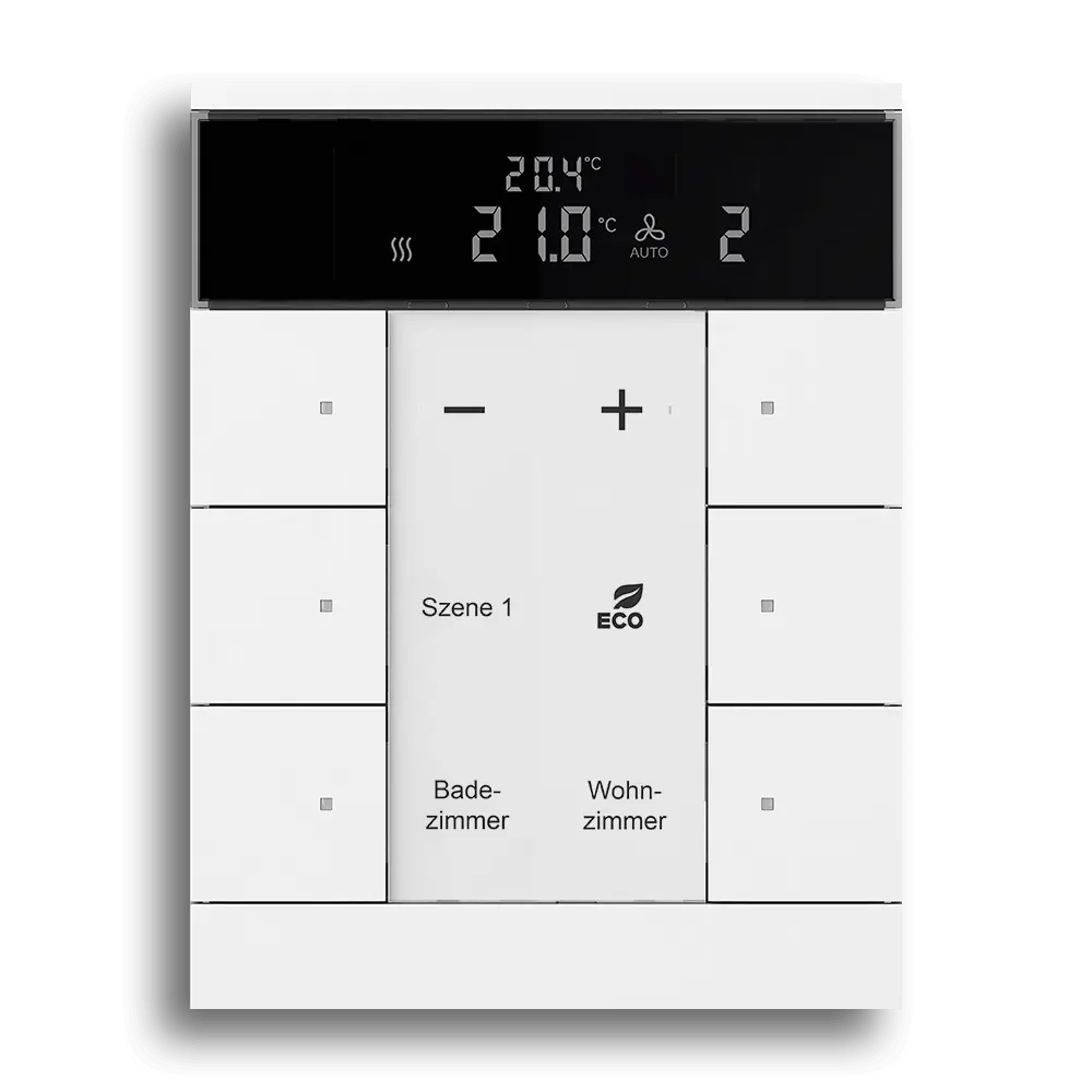 Thermostat mit digitalem Display, Temperaturanzeige, Tasten für Heizungs- und Klimaregelung sowie Szenenauswahl.