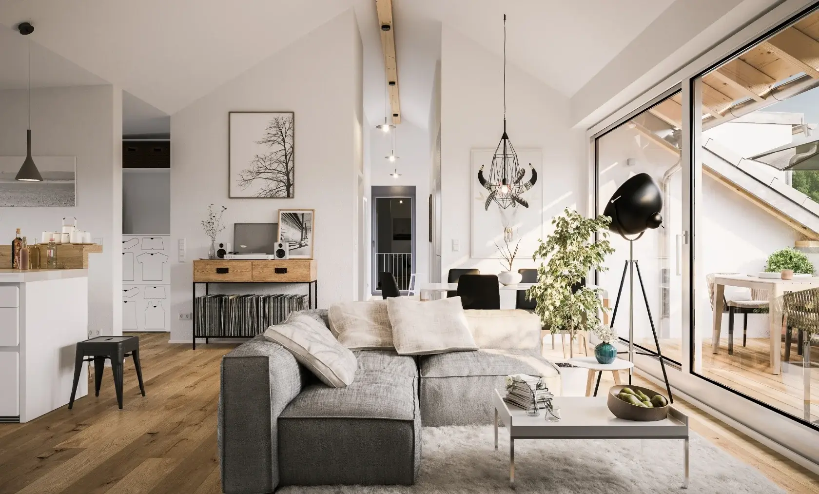Modernes Wohnzimmer mit Couch, Tisch, Fernseher und großen Fenstern, die viel Licht hereinscheinen lassen.