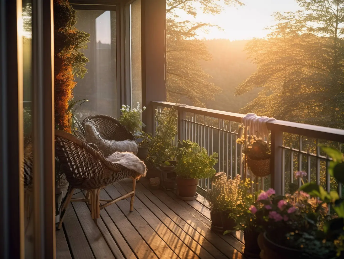 Holzbalkon mit zwei Stühlen, Pflanzen in Töpfen und Sonnenlicht, das durch das Geländer strahlt.