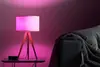 Tischlampe mit pinkem Lampenschirm auf einem Beistelltisch neben einer Couch.