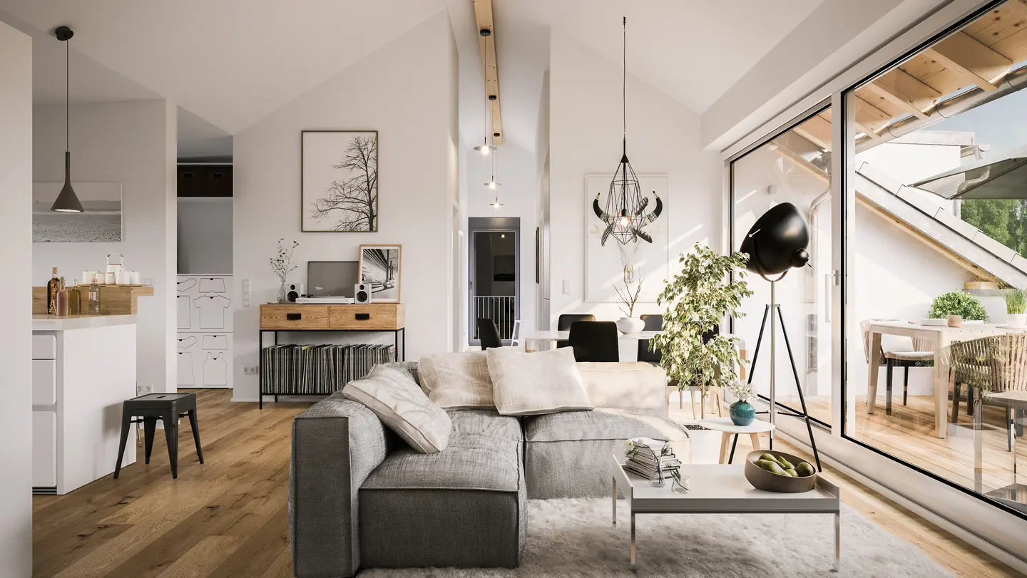 Wohnzimmer mit grauem Sofa, Esstisch, Pflanzen und großen Fenstern, die viel natürliches Licht hereinlassen.