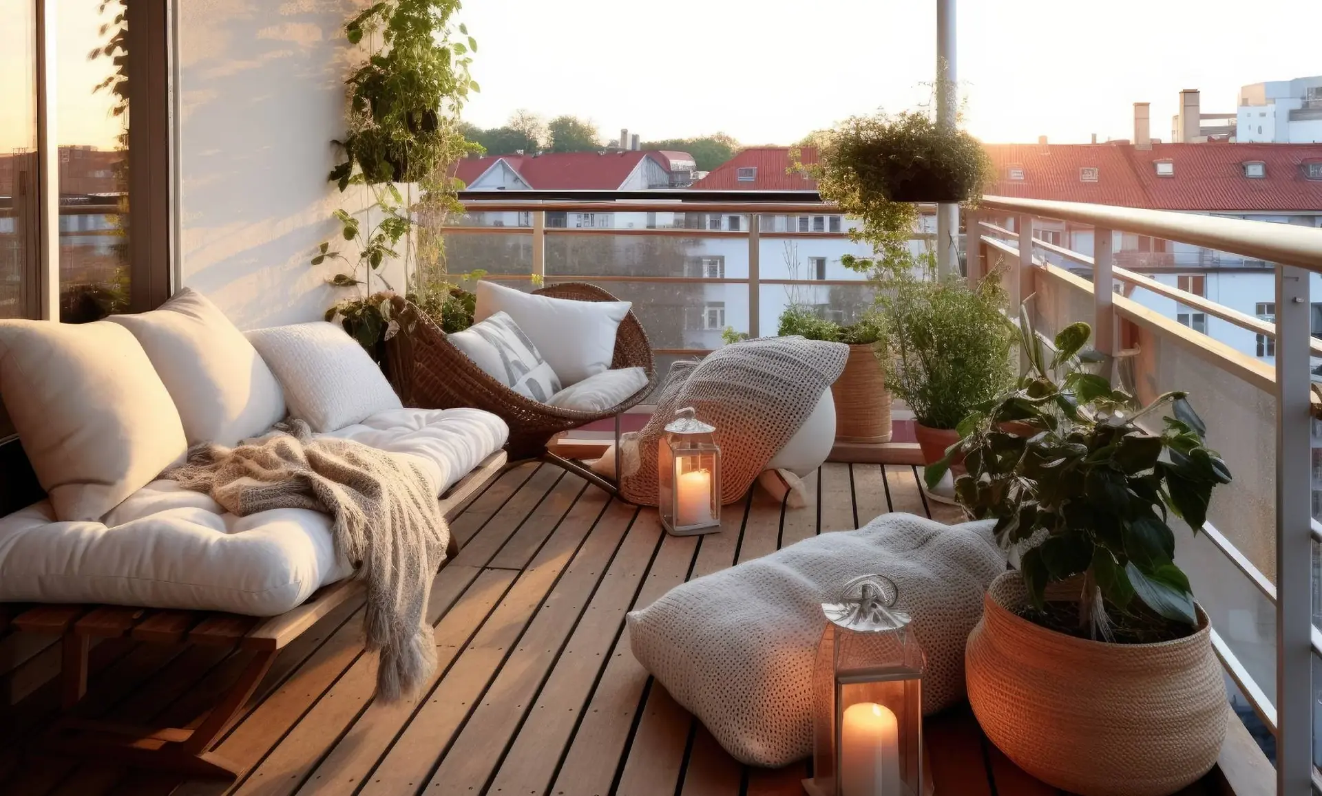 Gemütlicher Balkon mit Sitzgelegenheiten, Pflanzen und Laternen, dekoriert für eine entspannte Atmosphäre bei Sonnenuntergang.