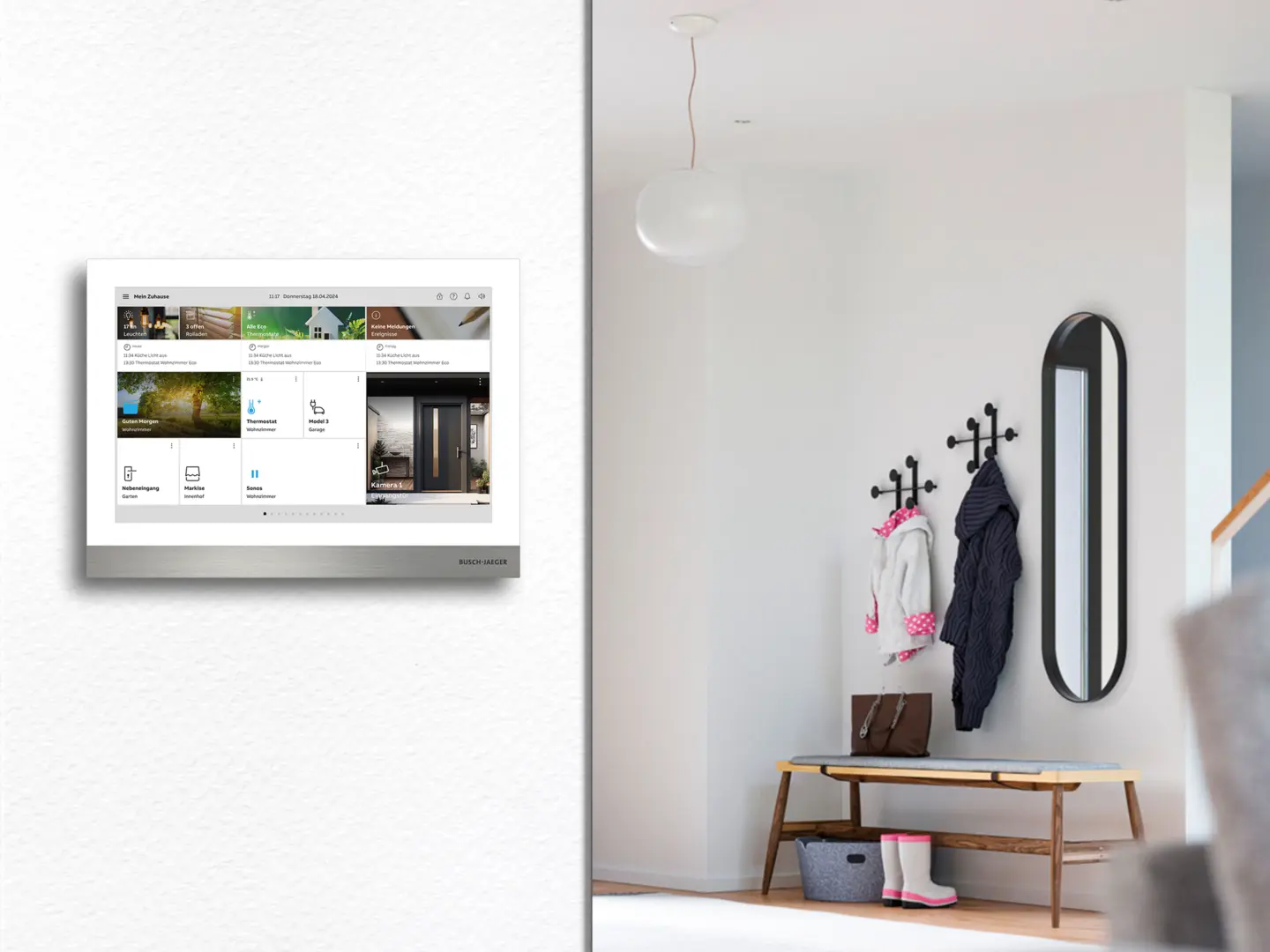Touchscreen-Tablet mit Benutzeroberfläche für Smart-Home-Funktionen, montiert an einer Wand.